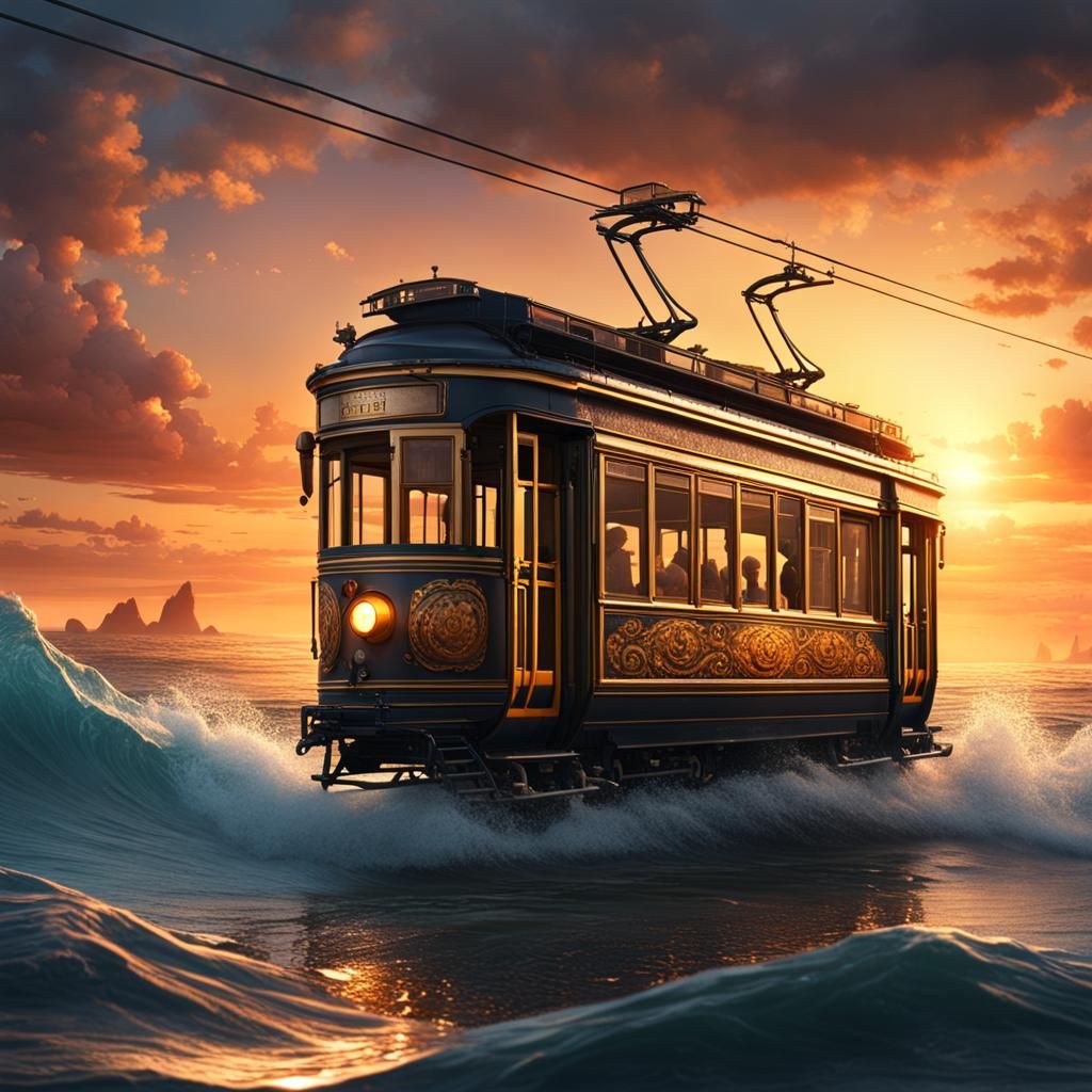 Ocean Tram at Sunset: Fantastical Digital Art