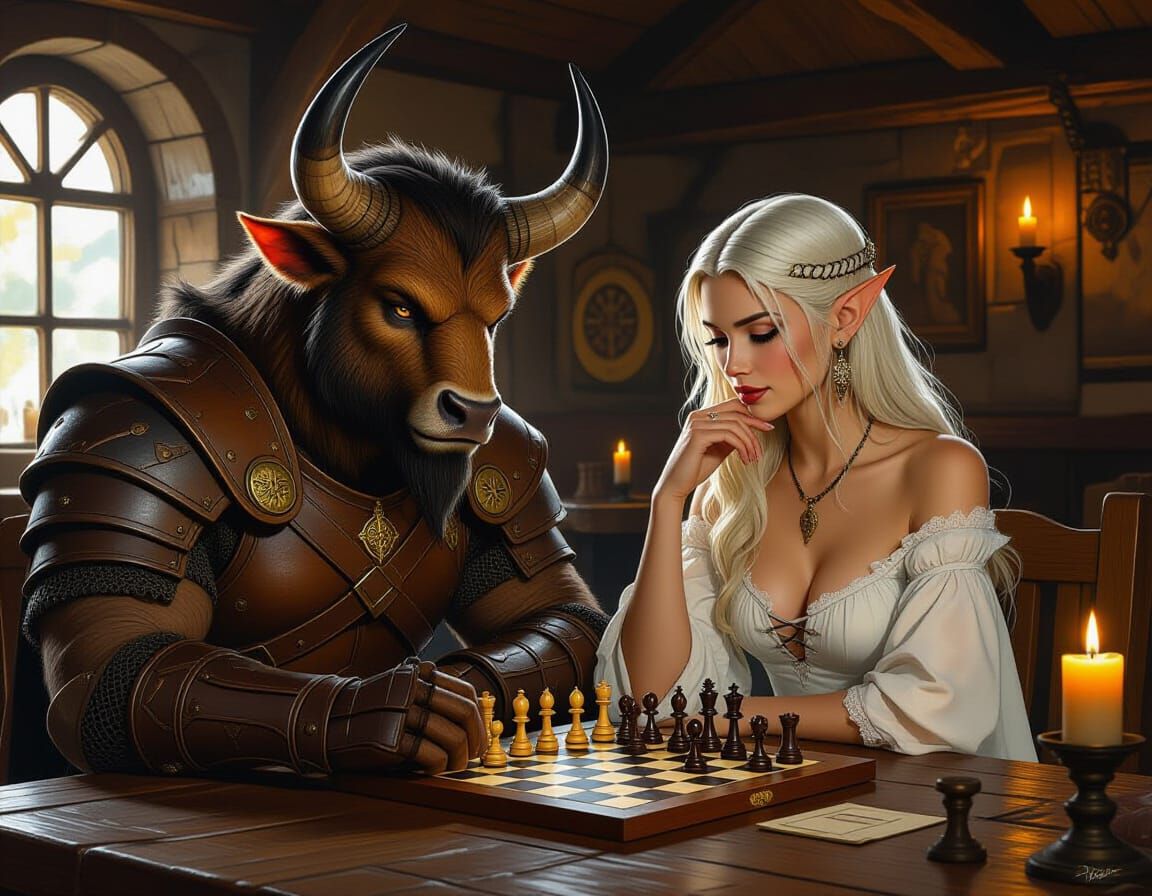 Minotaur and Elf Play Chess in Tavern