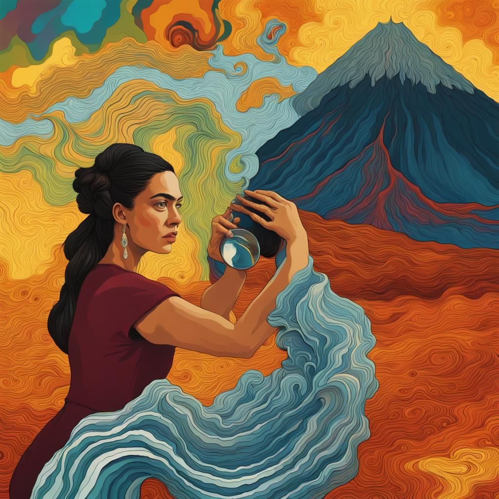 Woman, Volcano, and Man: Impasto Style Painting