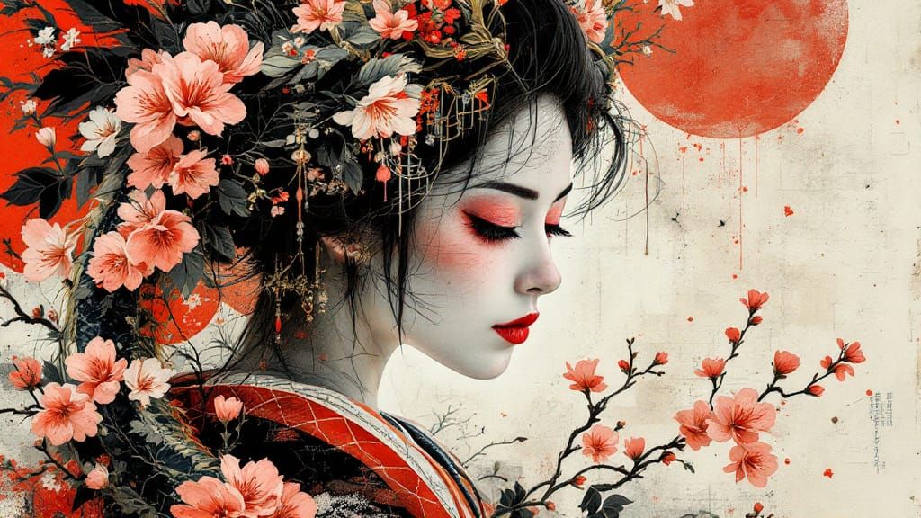 Geisha and Dragon Collage in Charcoal and Ink