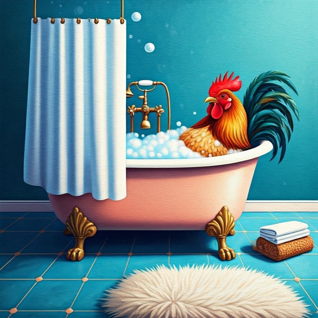 Rooster Relaxing in Pink Bathtub, Cartoon Acrylic