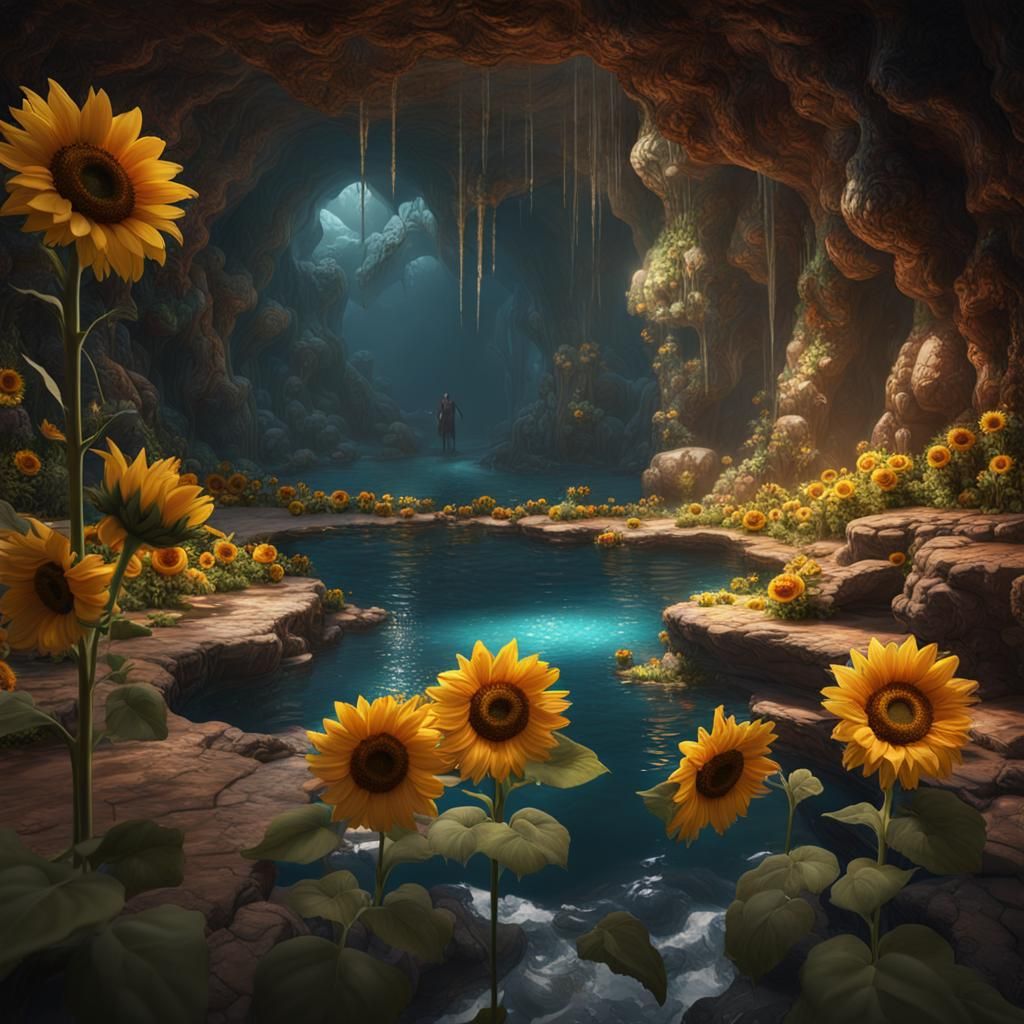 Hidden Pool in Cave with Flowers: Fantasy Concept Art
