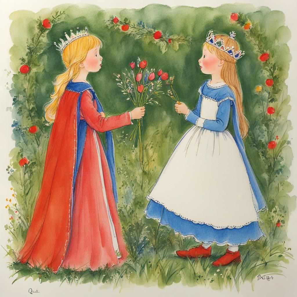 Medieval Princesses Admire Flowers in Crayon Style