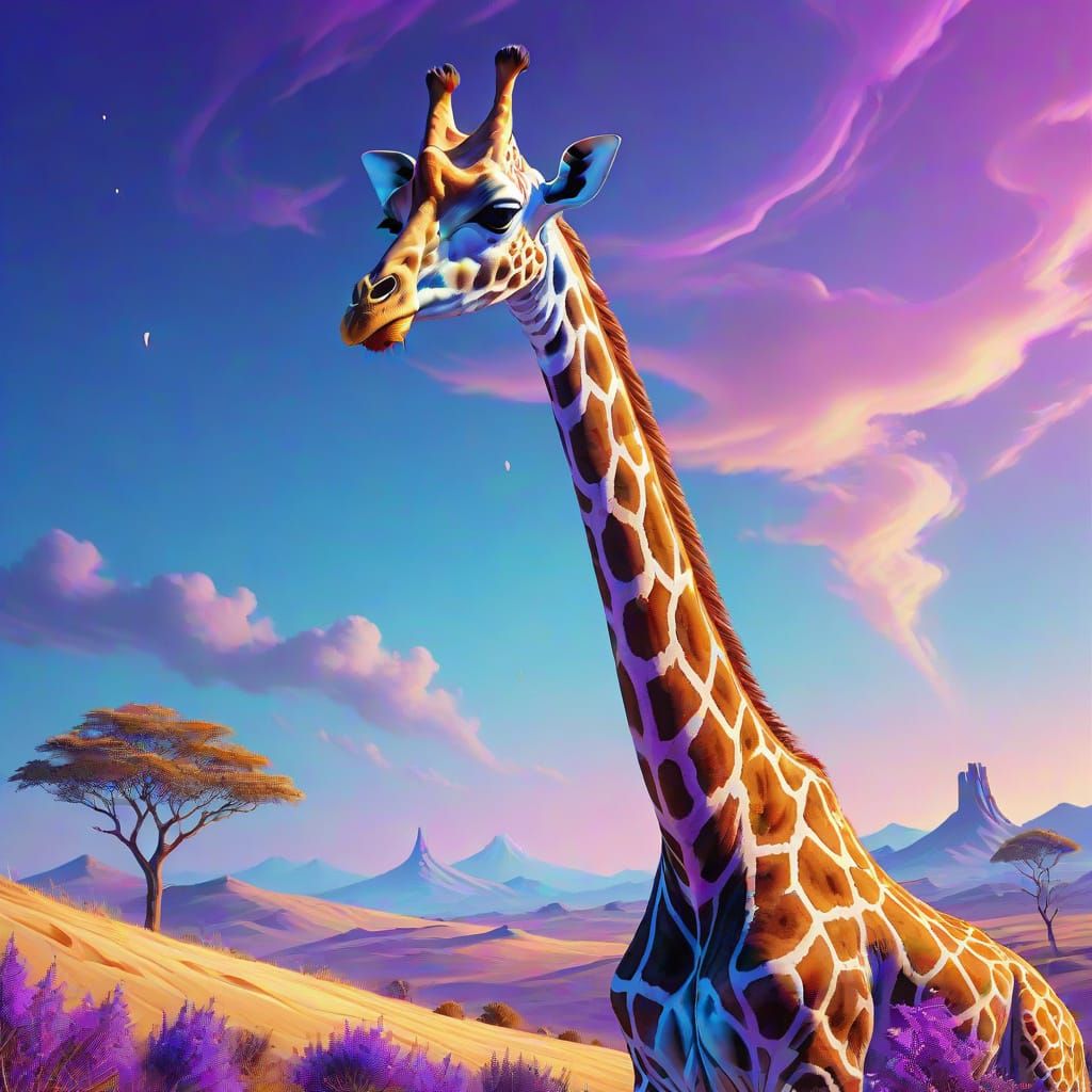Surreal Elongated Giraffe in Dreamlike Landscape