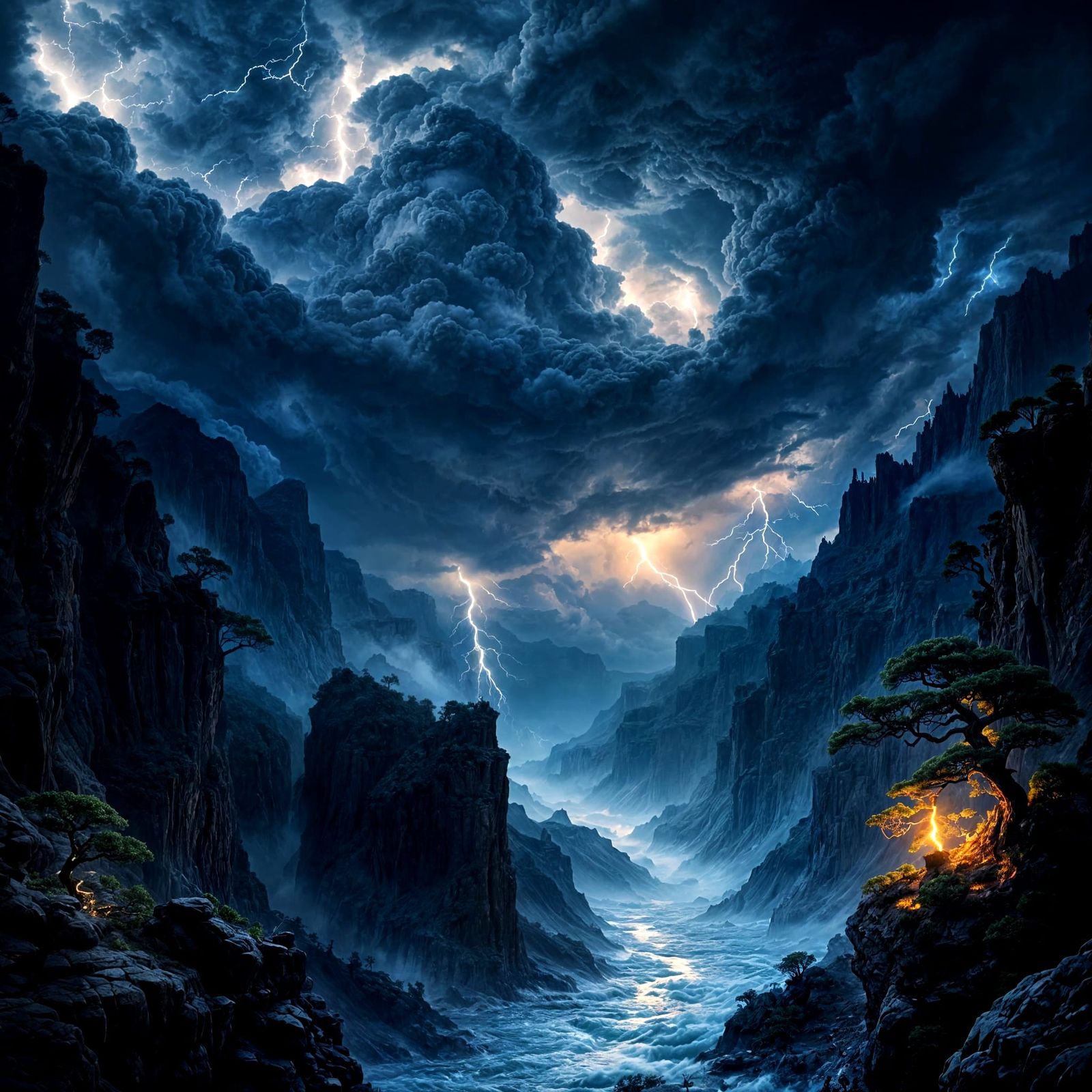 Surreal Dark Storm Confronts Ancient Canyon in Cyberpunk Aes...