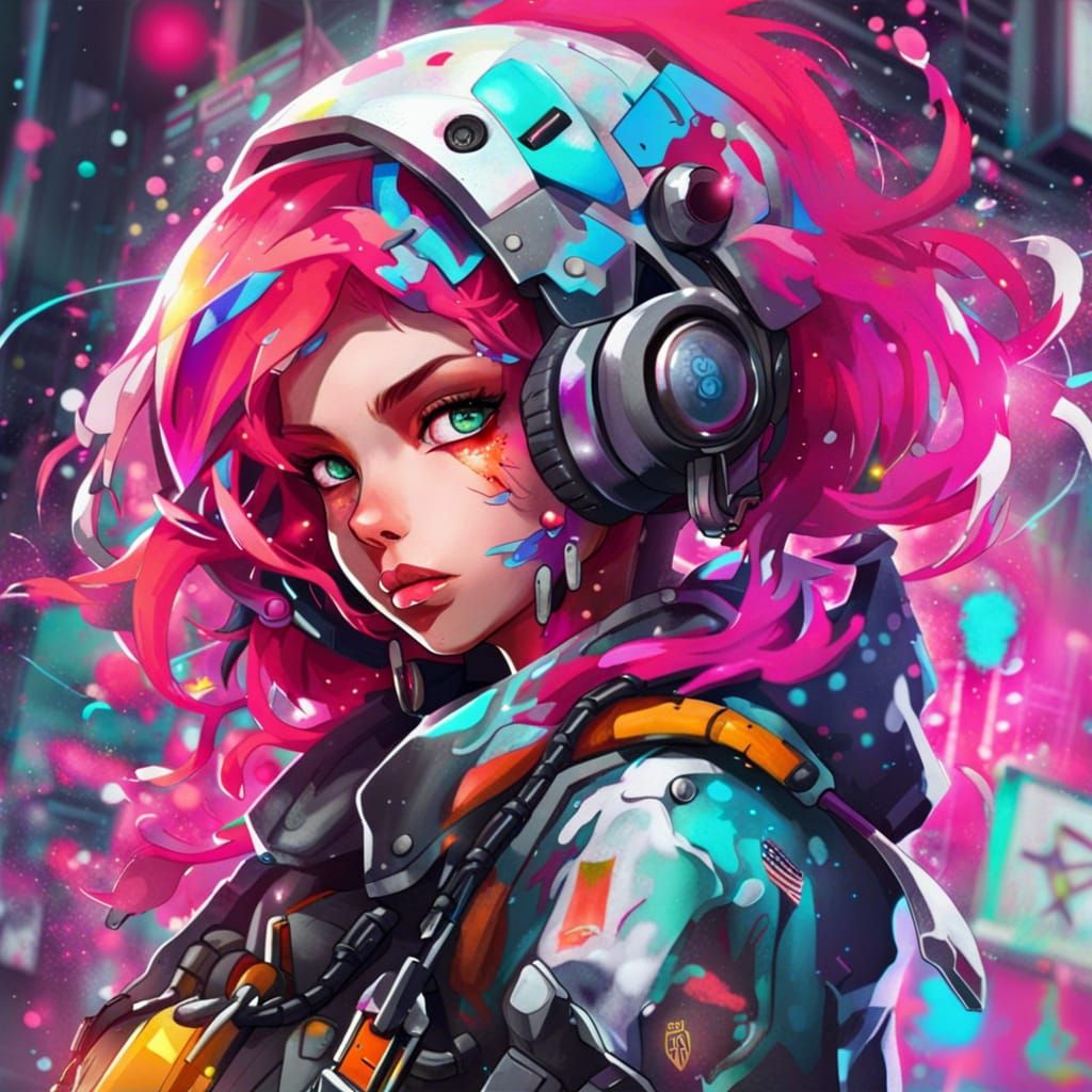 Colorful Graffiti Art of a Cyborg VTuber