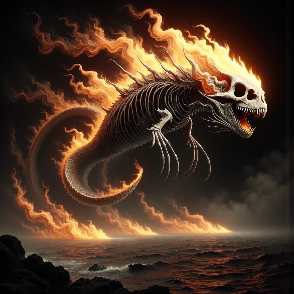 Flaming Skeletal Fish in Gothic Concept Art