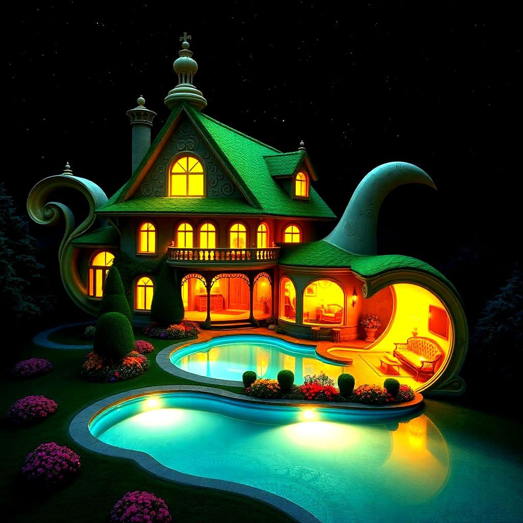 Whimsical Teapot House Under Golden Glow at Night