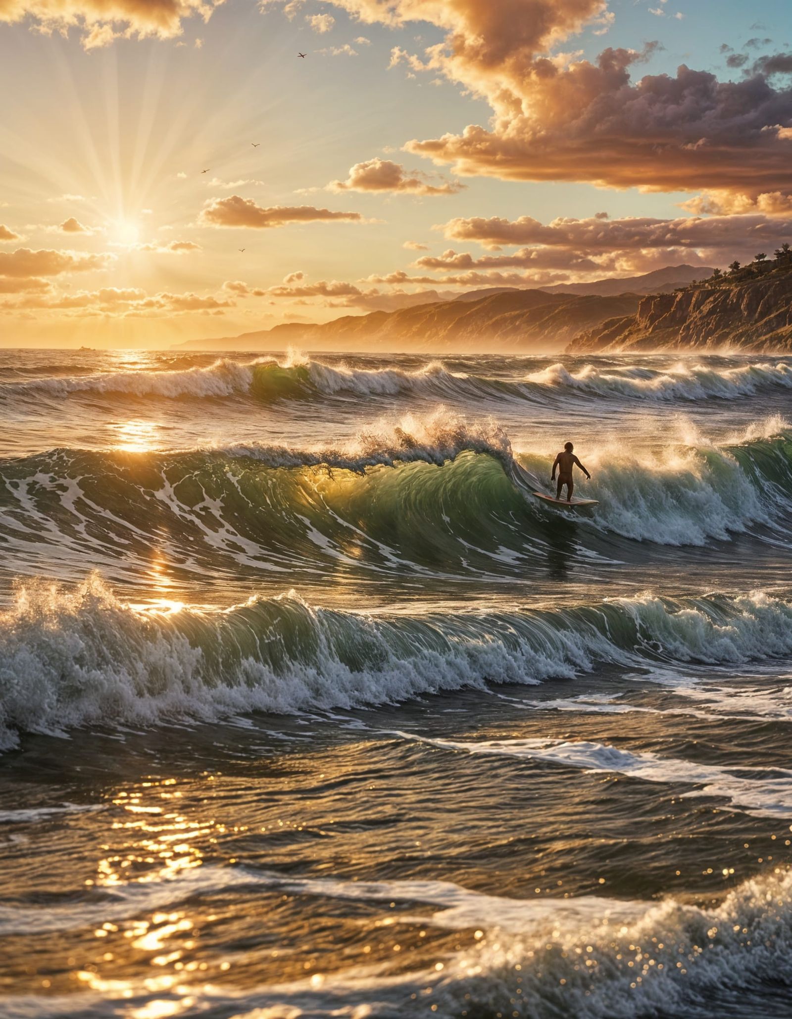Peaceful Sunset Ocean Scene with Surfers