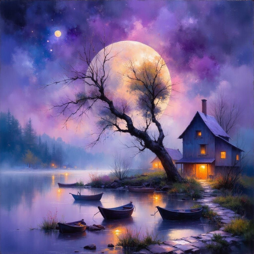 Ethereal Lakeside Village Under a Silver Moon