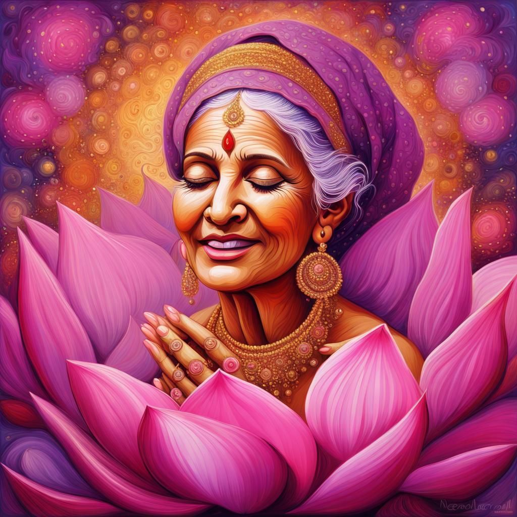 Divine Mother in Lotus Flower, Expressionist Oil Painting