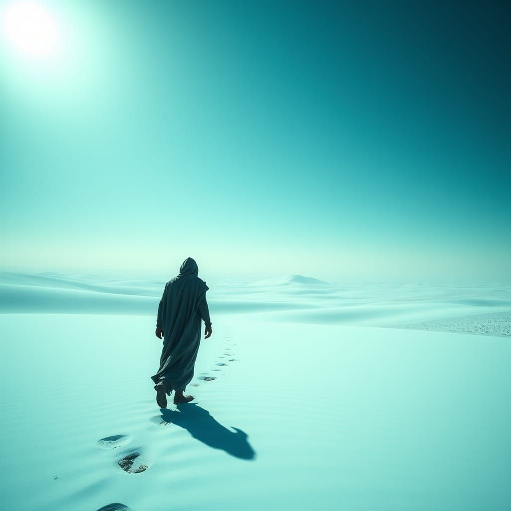 Lone Figure Crawls Across Turquoise Desert: Cinematic Still