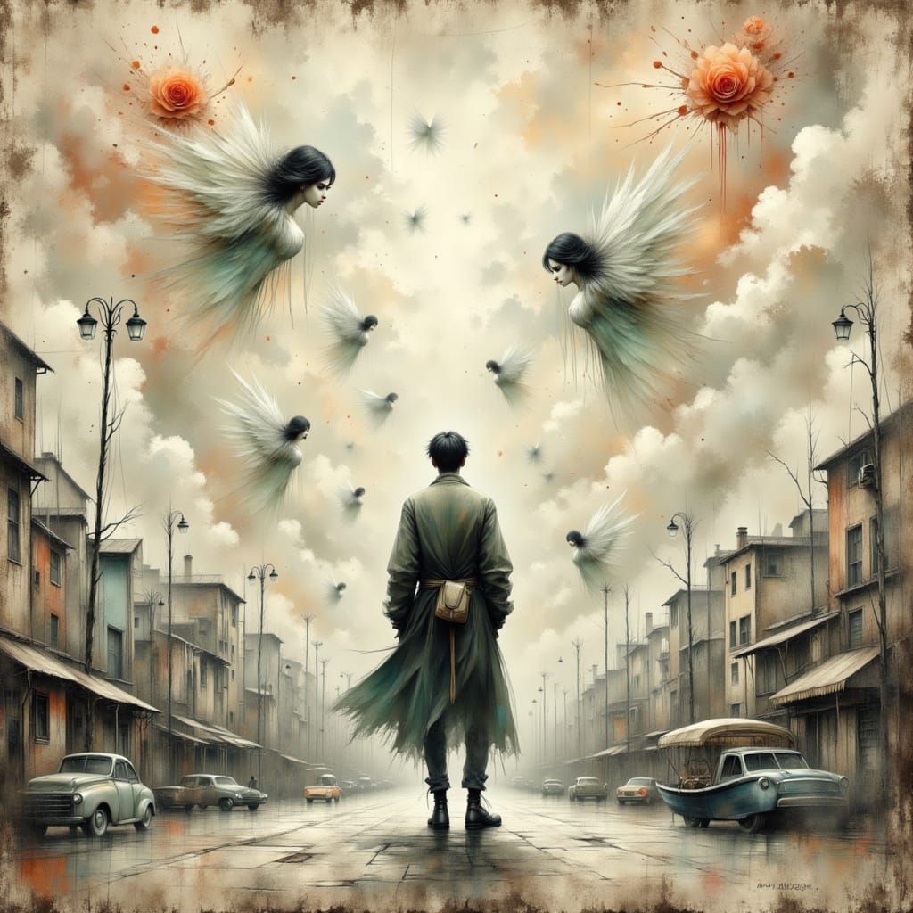 Ethereal Angels Descend on Cityscape Oil Painting