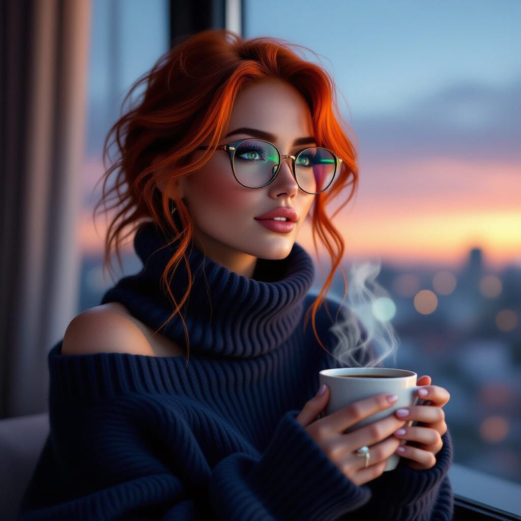 Woman in Cozy Sweater Enjoys Coffee at Twilight