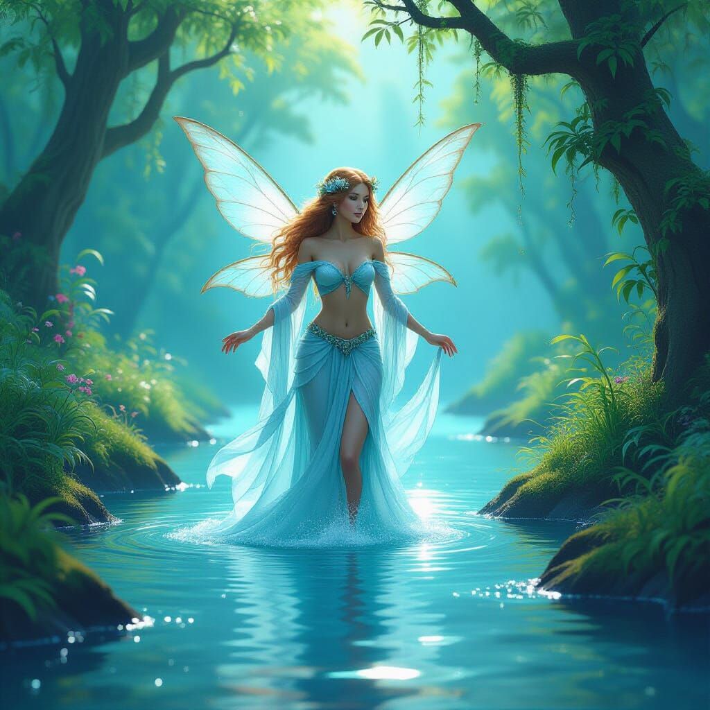 Ethereal Water Fairy Emerging from River