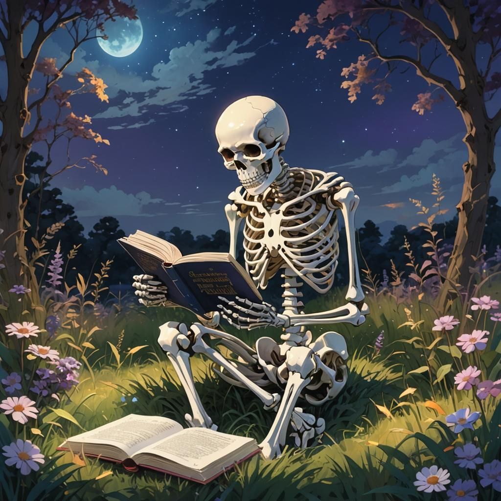 Skeleton Reading at Twilight: Whimsical Concept Art