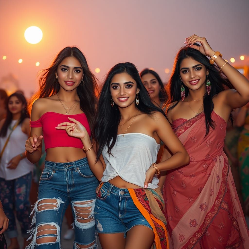 Vibrant Women Dancing at Beach Festival in Fantasy Style