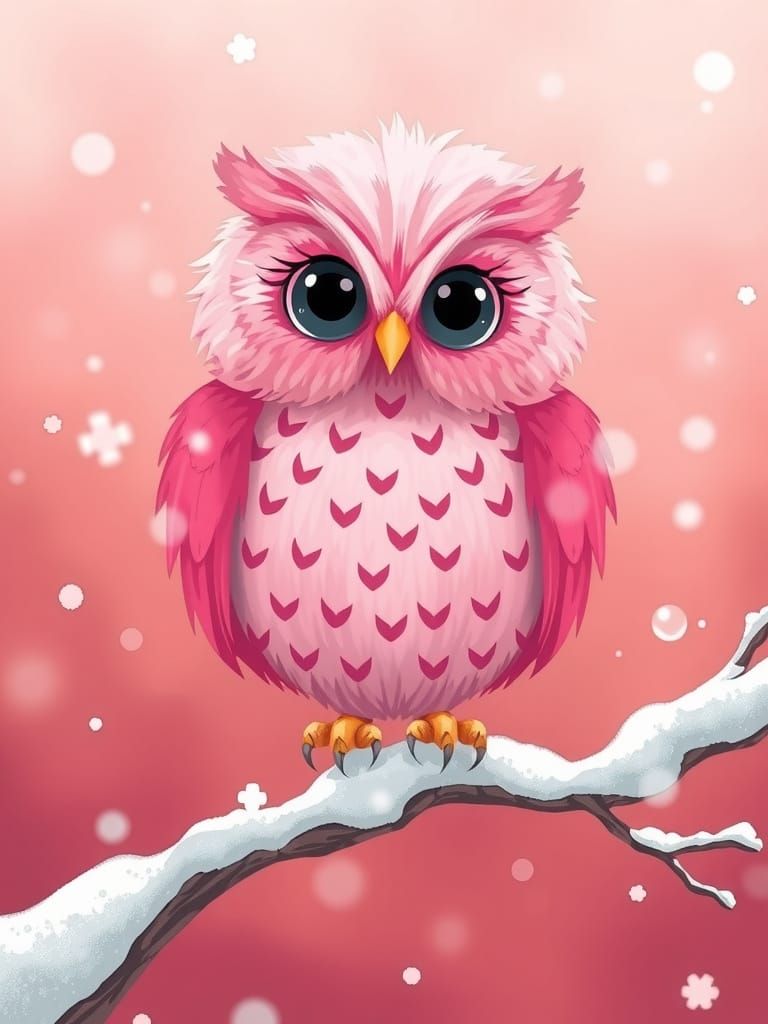 Stylized Pink Owl in Winter Scene
