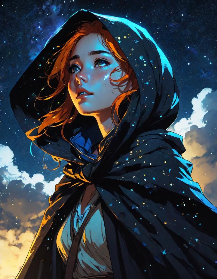Anime Girl Under Starry Night Illustration