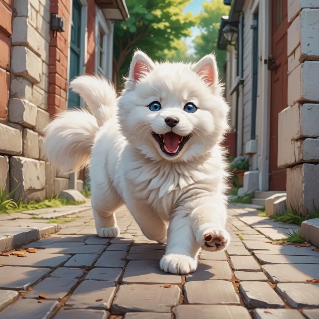 Playful Kitten Blocks Surprised Samoyed in Cartoon Style