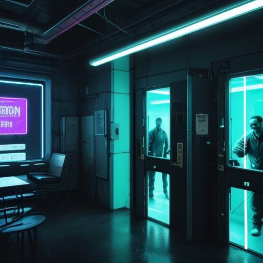 Inmates in Cyberpunk Lab Coats Hack Digital Lock in Neon-Noi...
