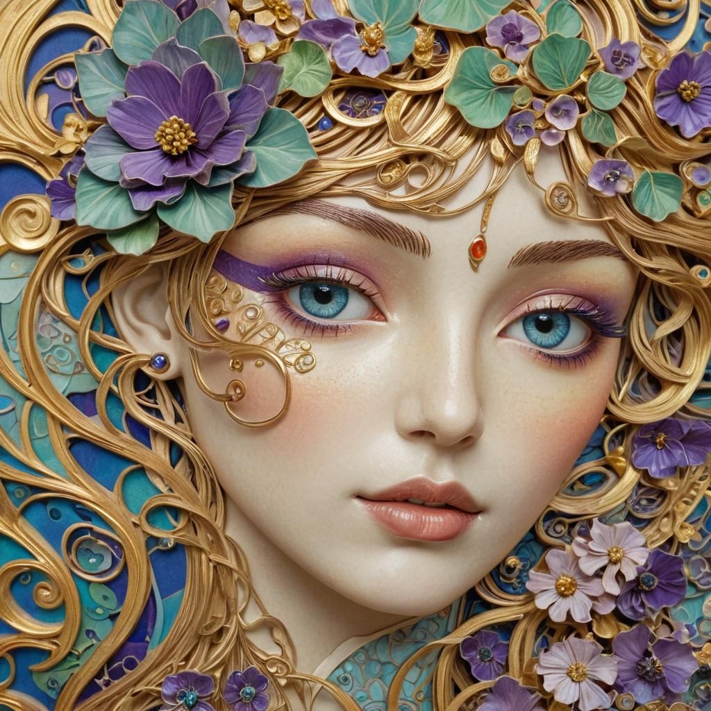 Art Nouveau Woman's Face with Floral Paper Design