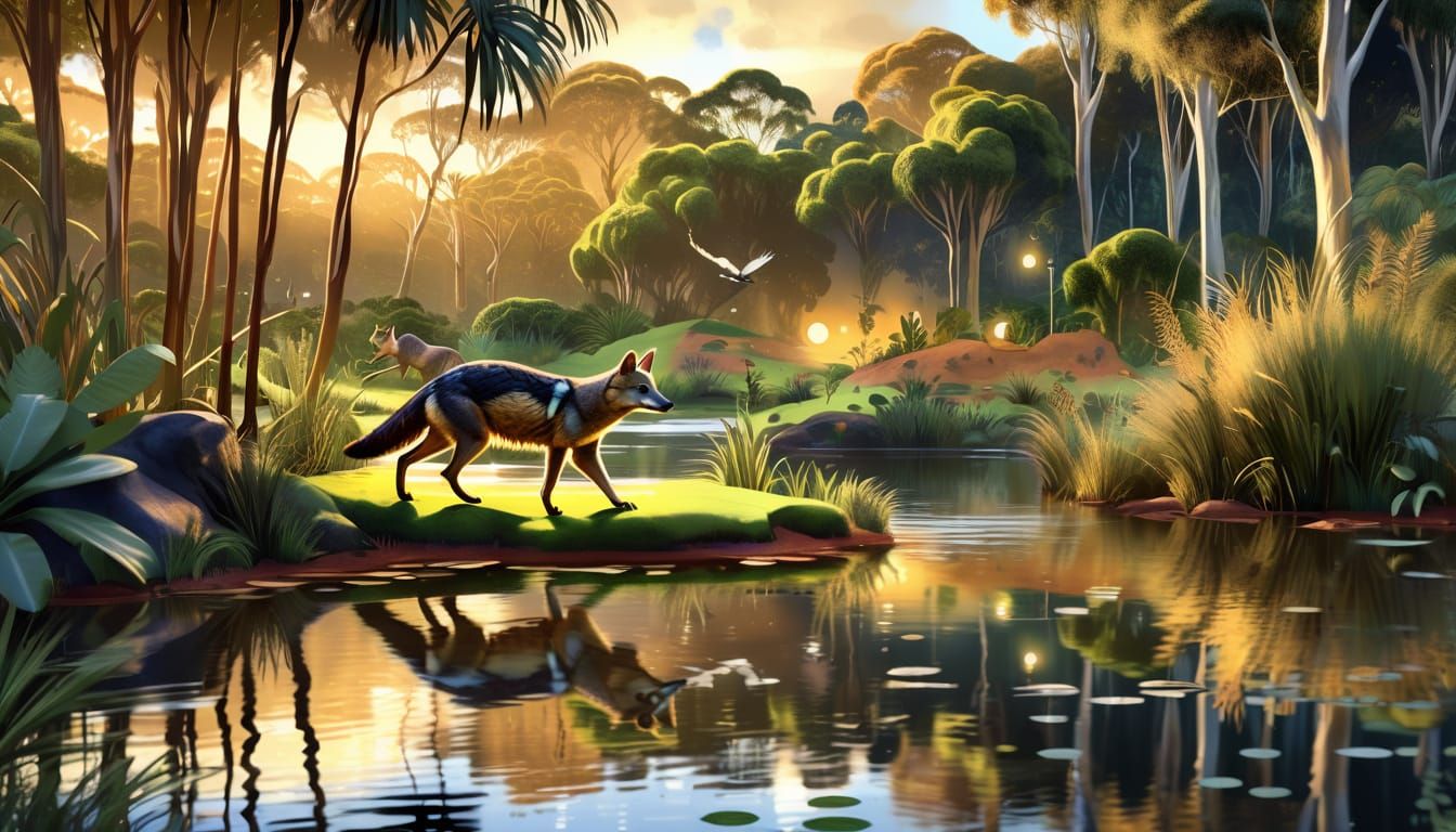 Tasmanian Wolf and Dodo Bird by Pond: Digital Concept Art