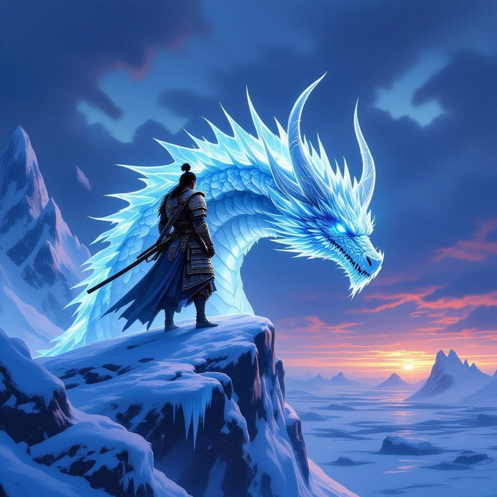 Samurai on Ice Dragon Over Frozen Landscape