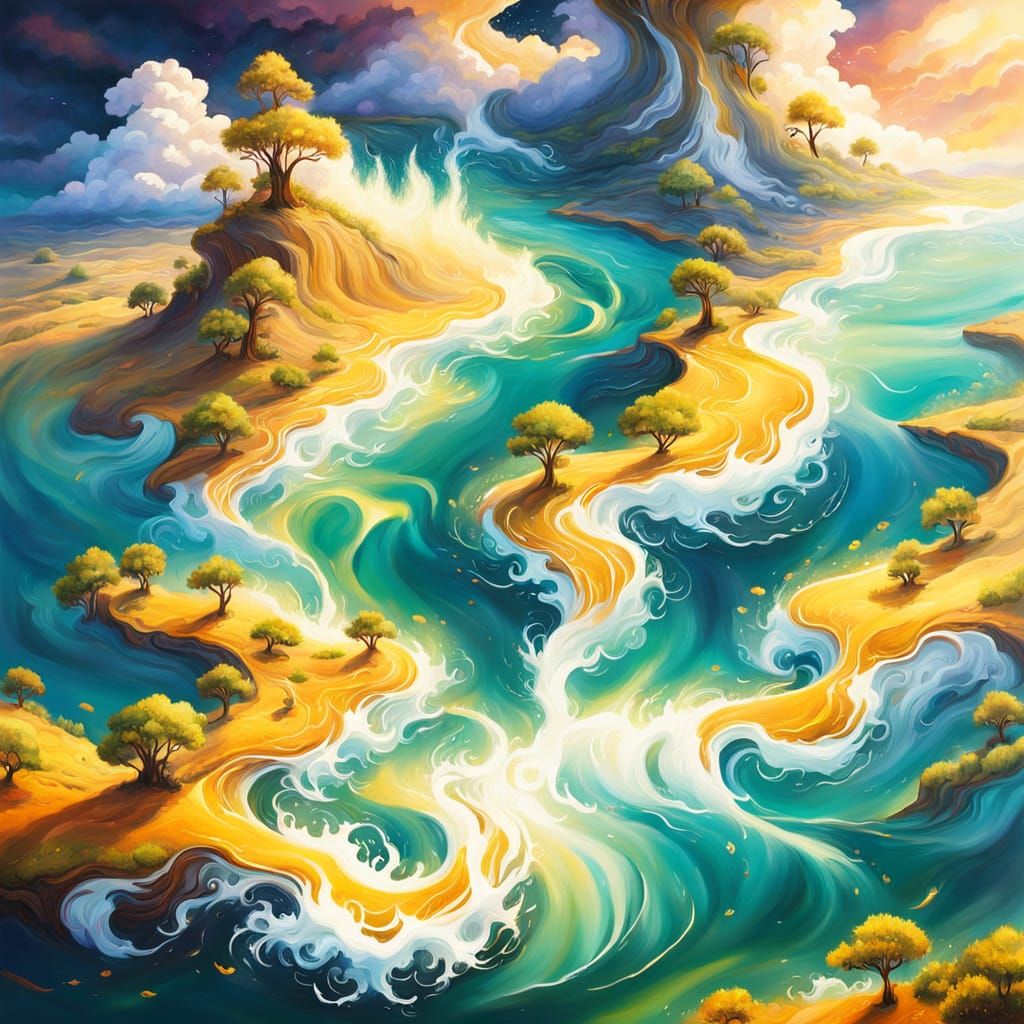 Majestic Waterspouts Frame Golden Path in Surreal Oil Painti...