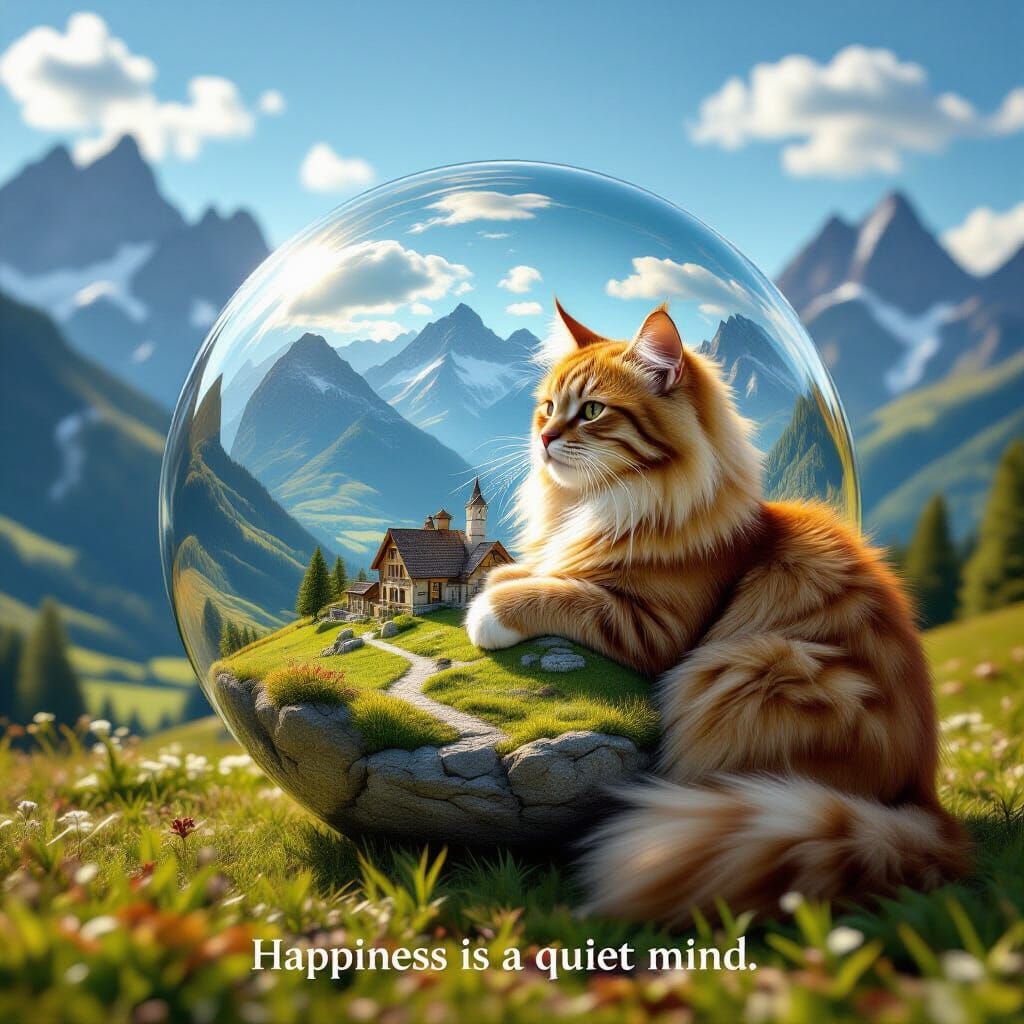 Glass Sphere Village Protected by Giant Cat