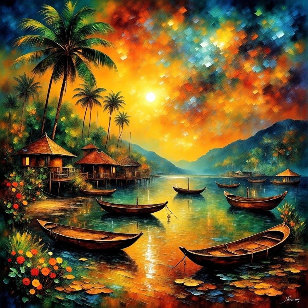 South Pacific Village Sunrise in Radiant Light