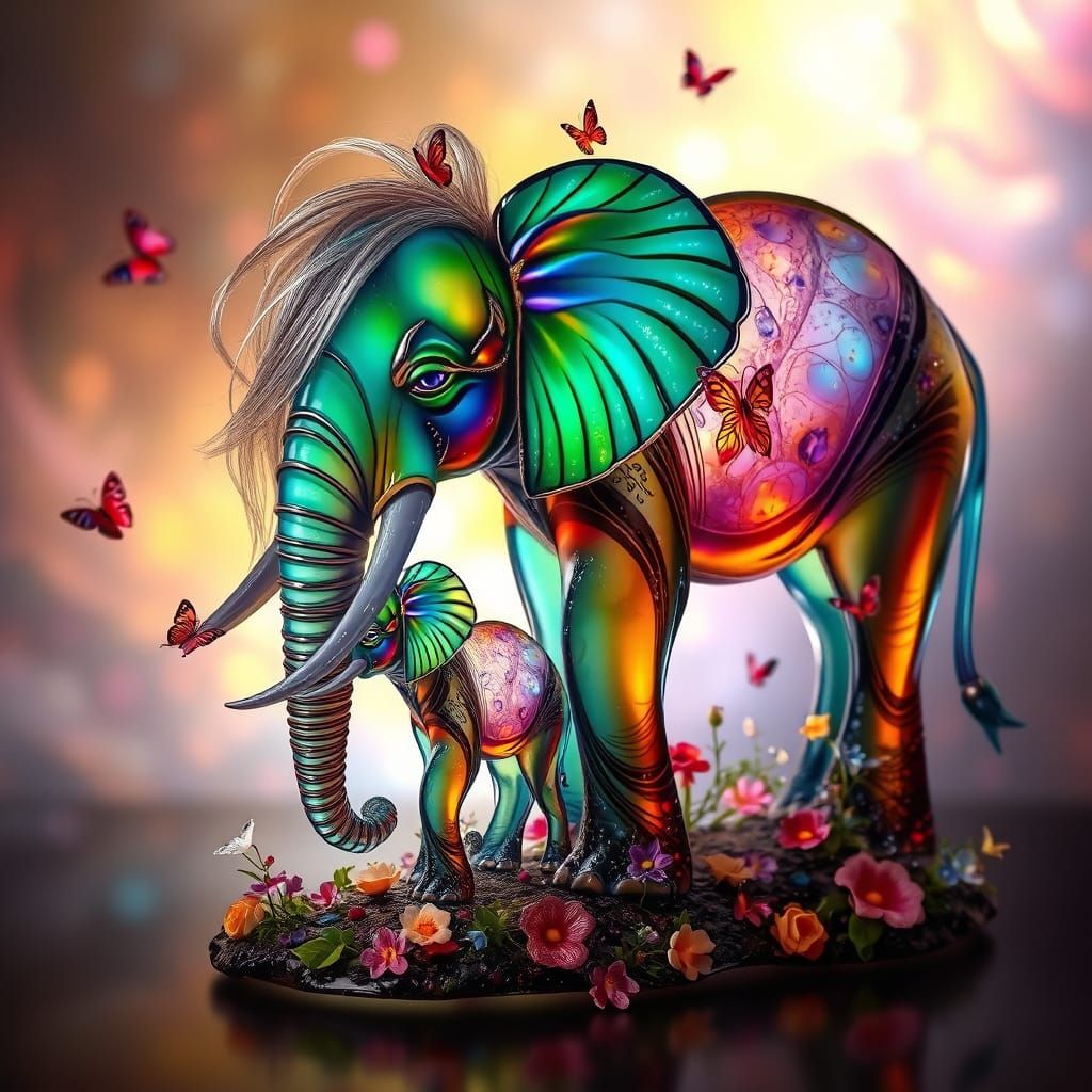 Ethereal Elephant Mother and Calf in Glass Wonderland