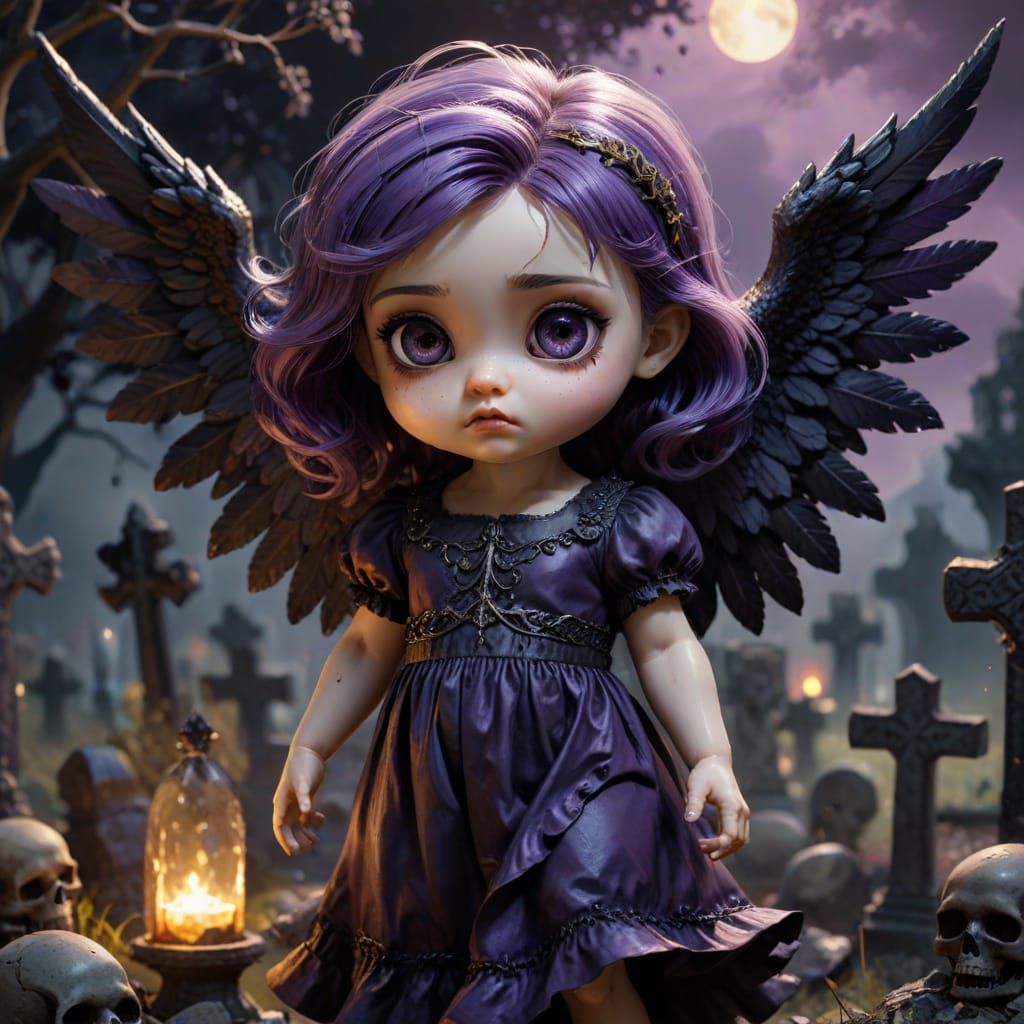 Gothic Chibi Dark Angel in Creepy Graveyard - Matte Painting