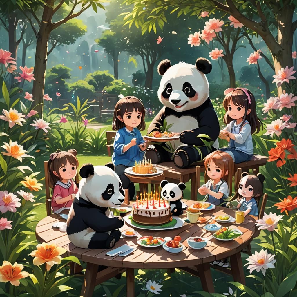 Panda's Birthday Party in Anime Style