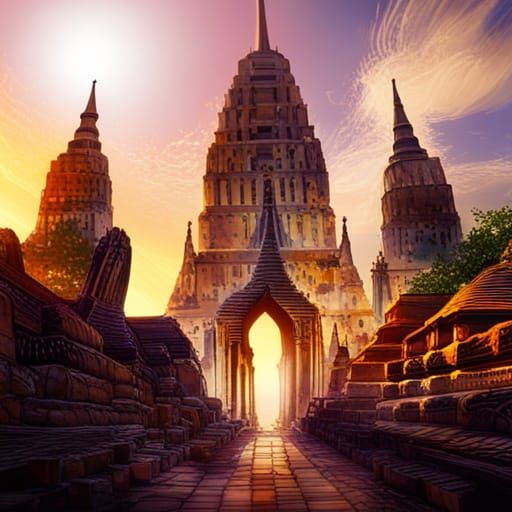 Ayutthaya Ancient City Watercolor Silhouette in Double Expos...