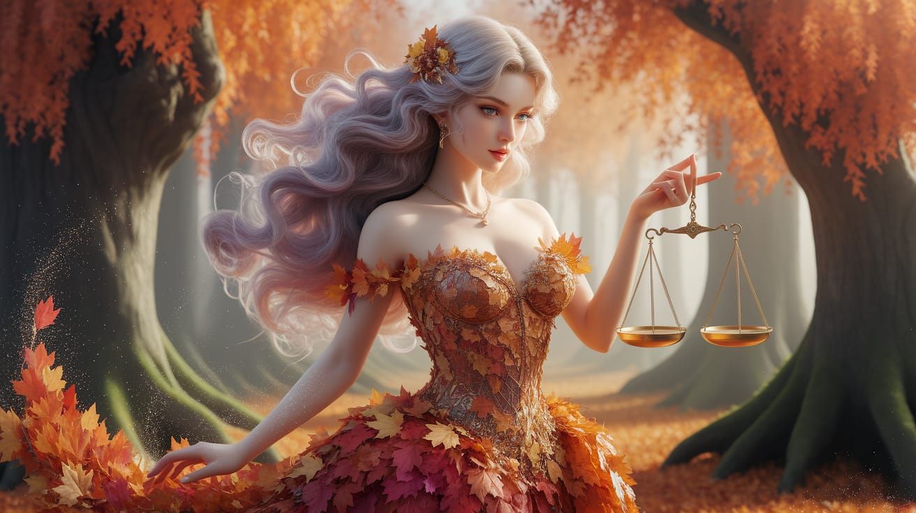 Ethereal Woman with Autumn Leaves and Scales in Forest