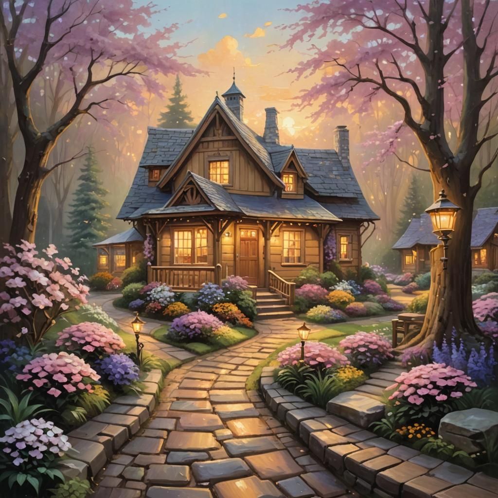 Warm Cabin Glows in Golden Light: Oil Painting
