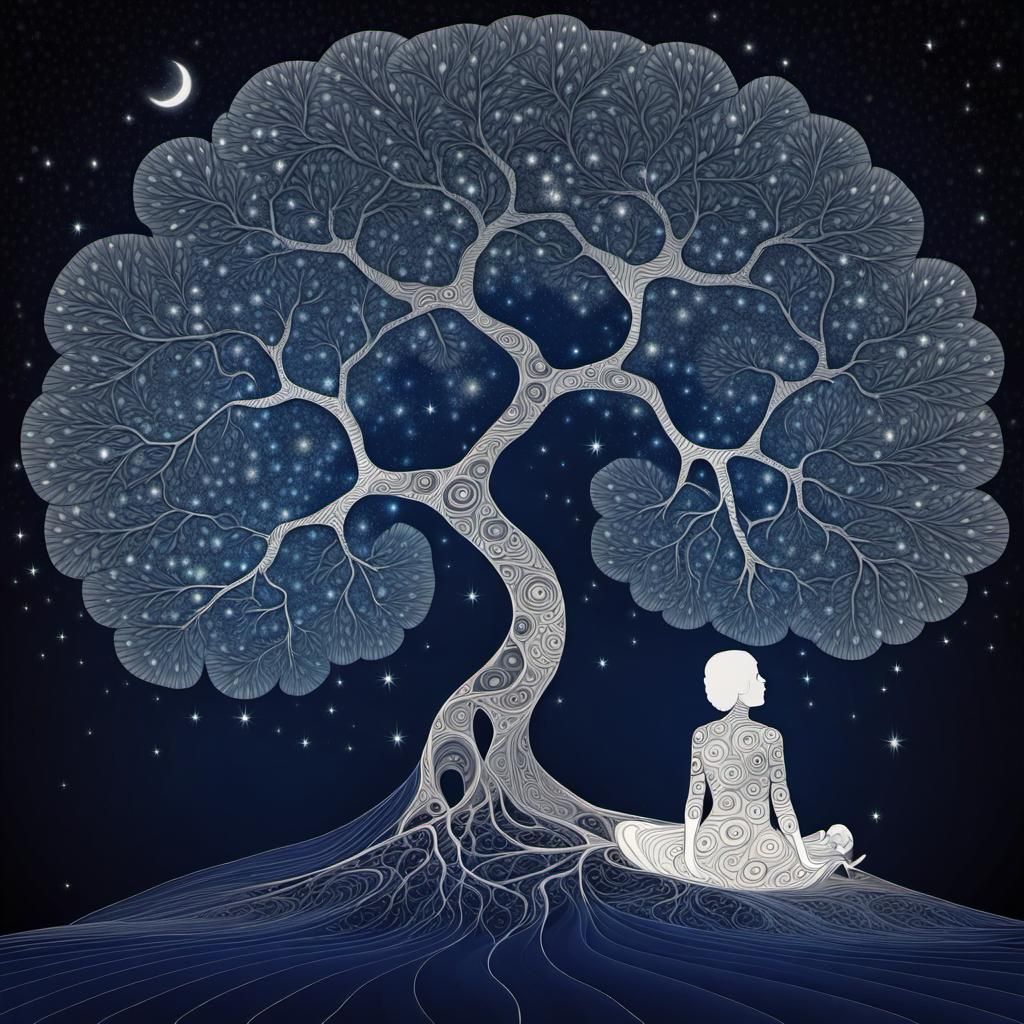 Starry Night Scene with Woman in Abstract Style