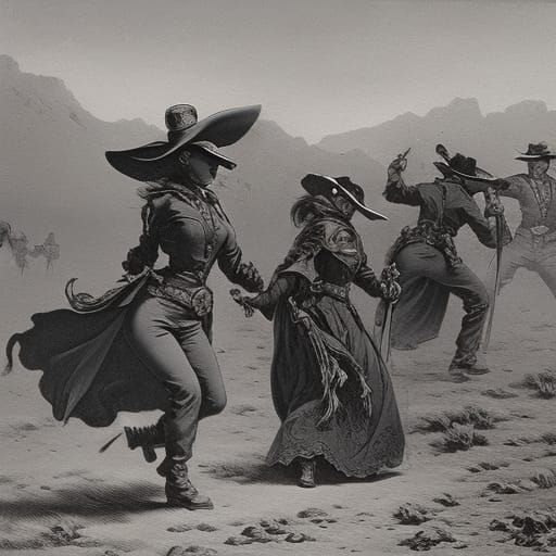 Asian Cowgirls Gunfight in Horror Style