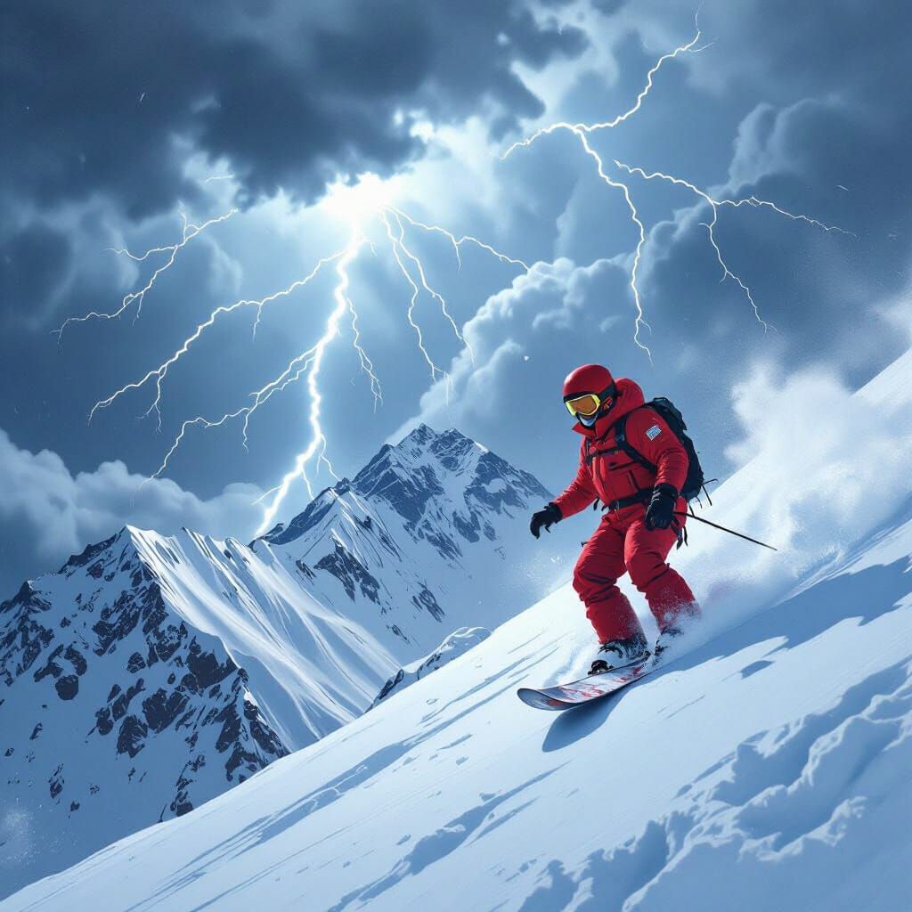 Blindfolded Snowboarder on Mt. Everest in Thunderstorm