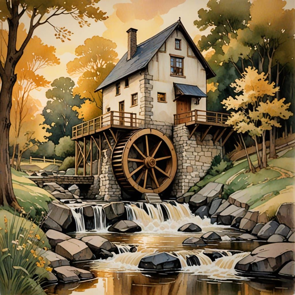 Rustic Waterwheel in Golden Light