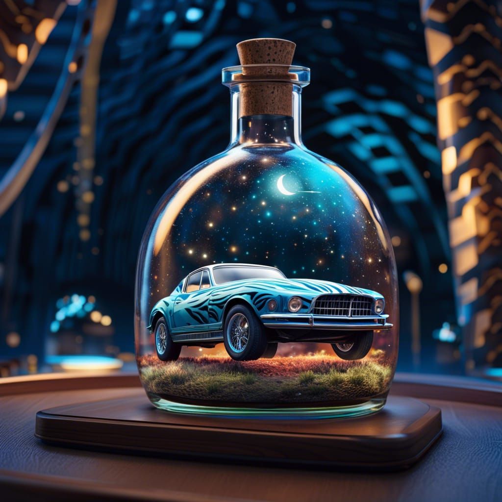 Retrofuturistic Car, Treehouse, and Moon in a Bottle