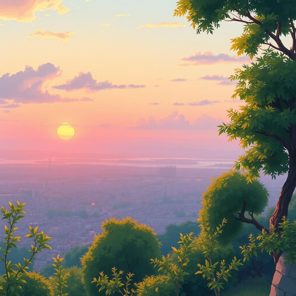 Dreamy Cityscape in Miyazaki Style at Sunset