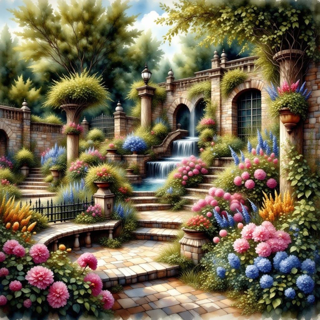 Secret Garden in Antique Watercolor Style