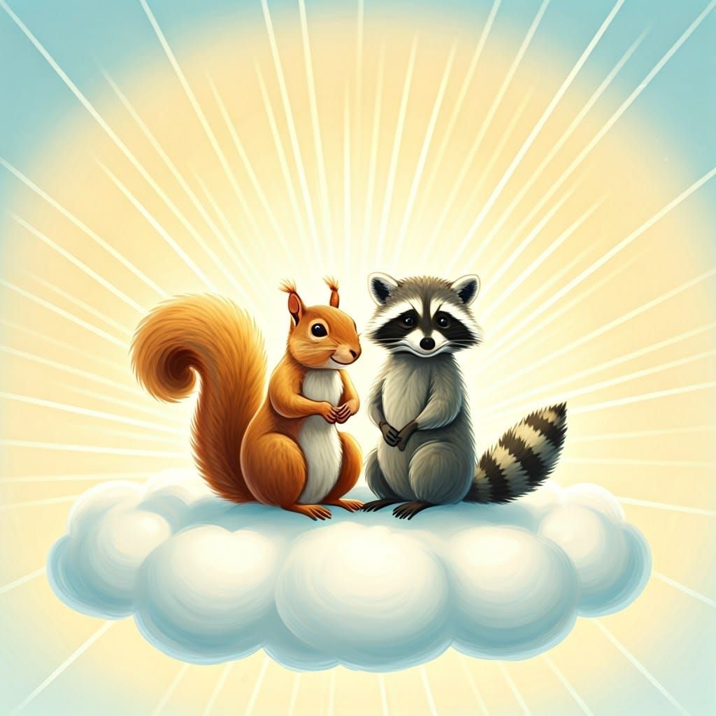 Squirrel and Raccoon in Whimsical Watercolor Sky