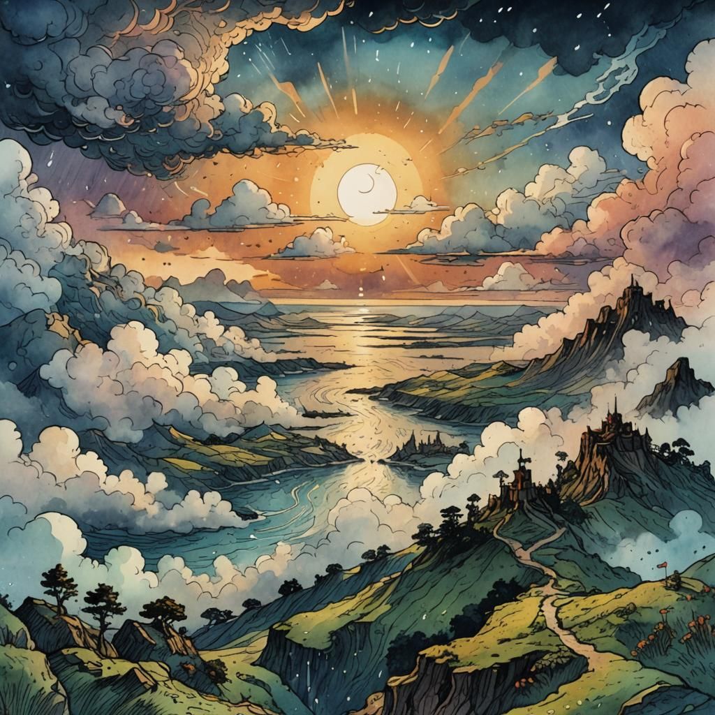 Hilltop Sunset View: Retro D&D Style Illustration