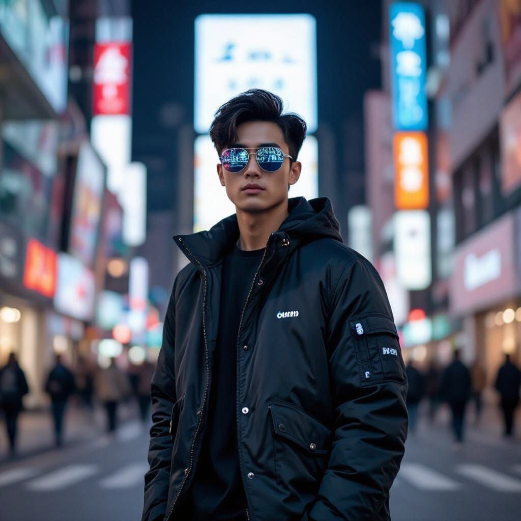 Futuristic Man in Neon-Lit Urban Street