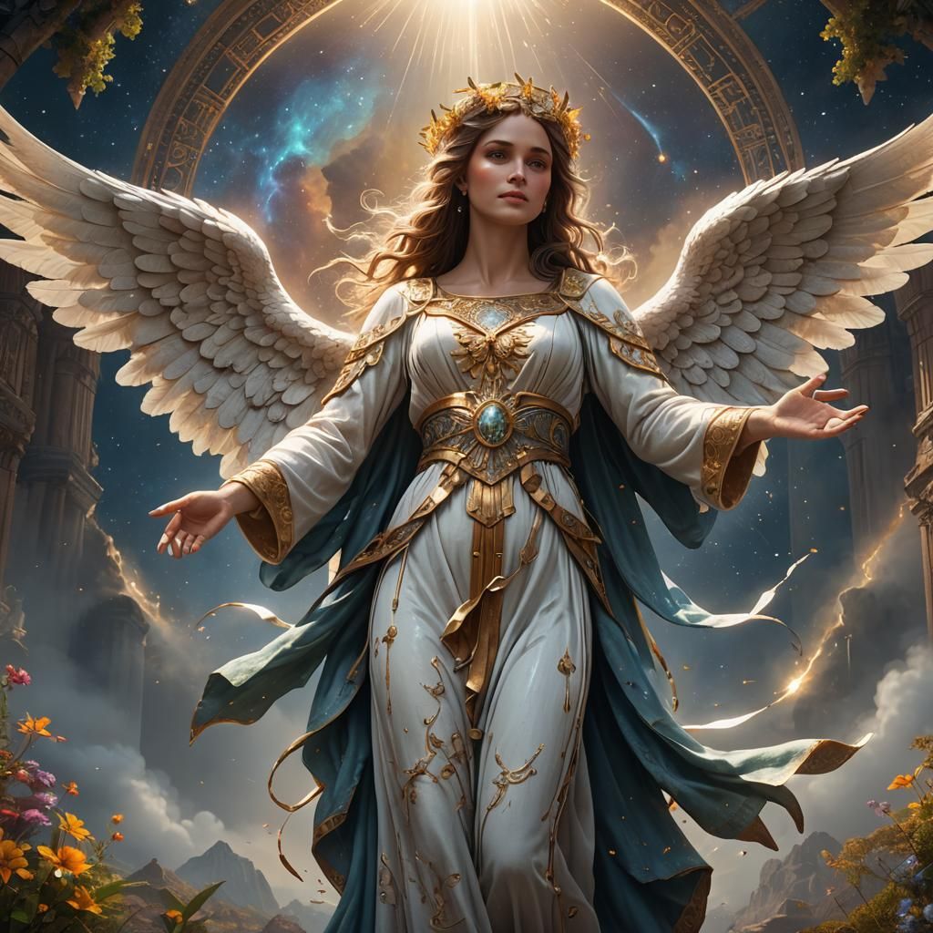 A serene, beautiful Angel with open arms, ready to welcome t...