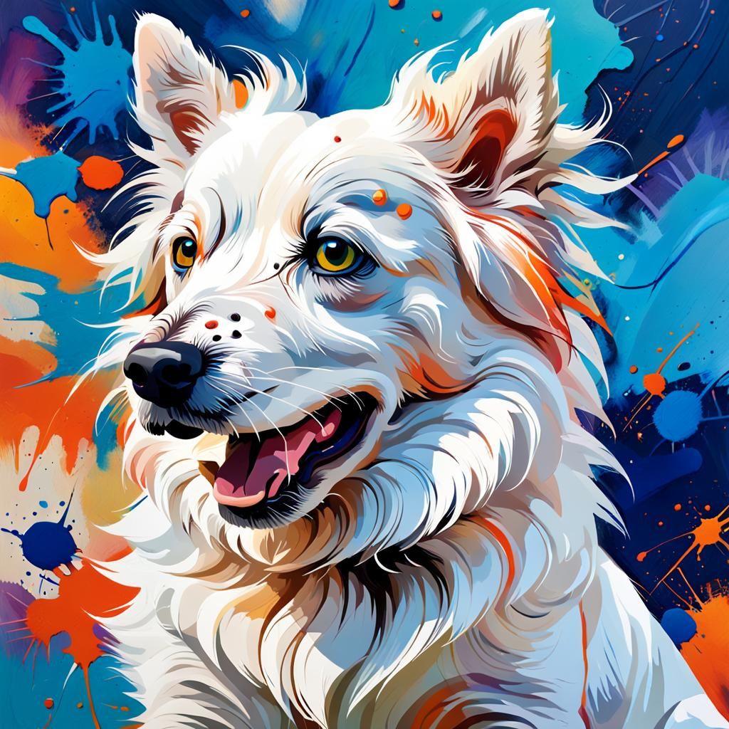 Expressive Abstract Painting of a Curly White Dog