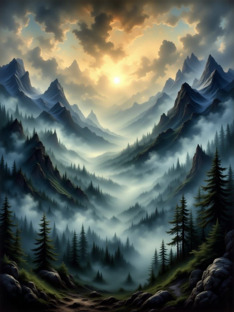 Misty Mountain Range in Expressive Watercolor Style
